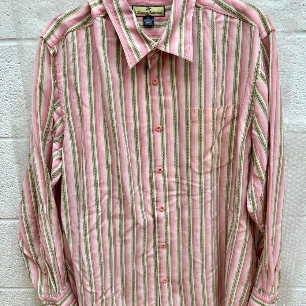90s Tommy Bahama Tencel Lyocell Vertical Stripe Button Up - Picture 5 of 8